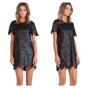 JOA Floral Cutout Black Faux Leather Short Sleeve Mini Dress Size Small NEW